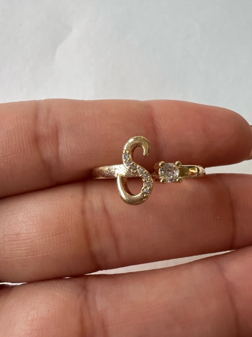 14k Gold Plated ‘S’ Script Open Ring with Crystal Accent